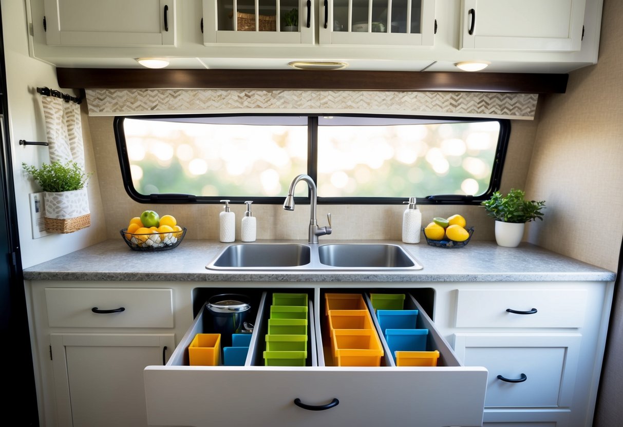 A cluttered RV kitchen counter transformed with plastic drawer organizers, creating a tidy and efficient space-saving solution