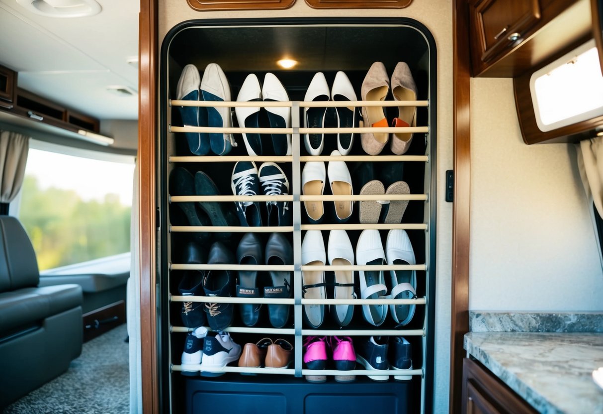 An RV interior with a over-the-door shoe rack filled with shoes and other items neatly organized, maximizing space