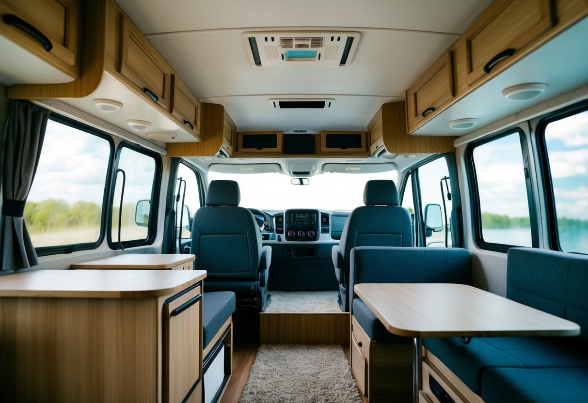 A cozy RV interior with clever space-saving solutions: foldable furniture, hanging organizers, and multi-functional storage compartments