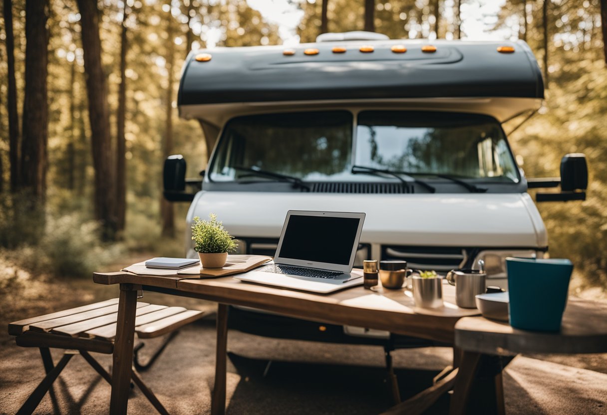 A cozy RV parked in a scenic location, with a laptop and work materials set up on a table. A beautiful landscape outside the window, showcasing the balance between work and travel