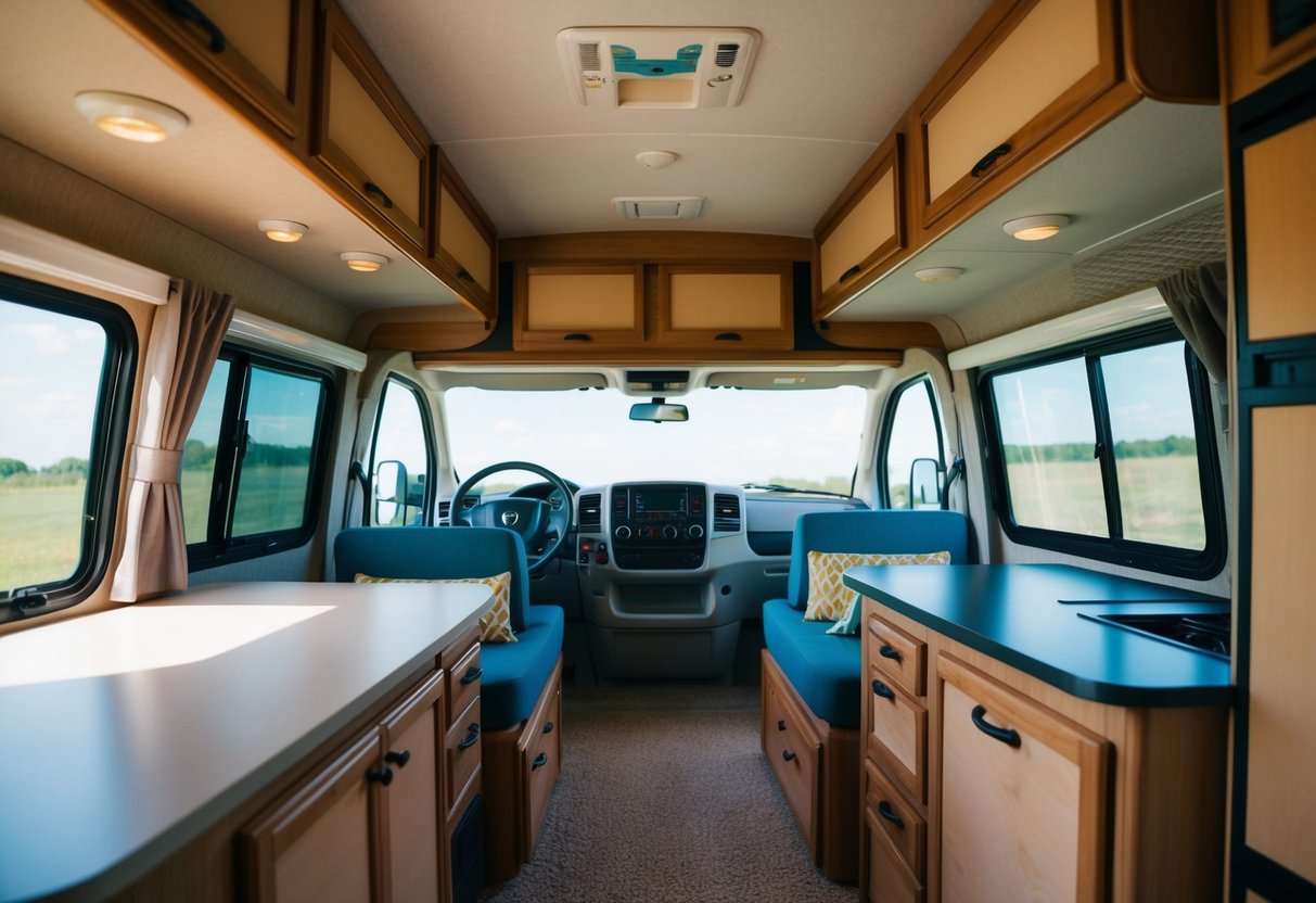 A cozy RV interior with clever space-saving hacks: collapsible furniture, wall-mounted storage, and multi-functional fixtures maximize the limited living space