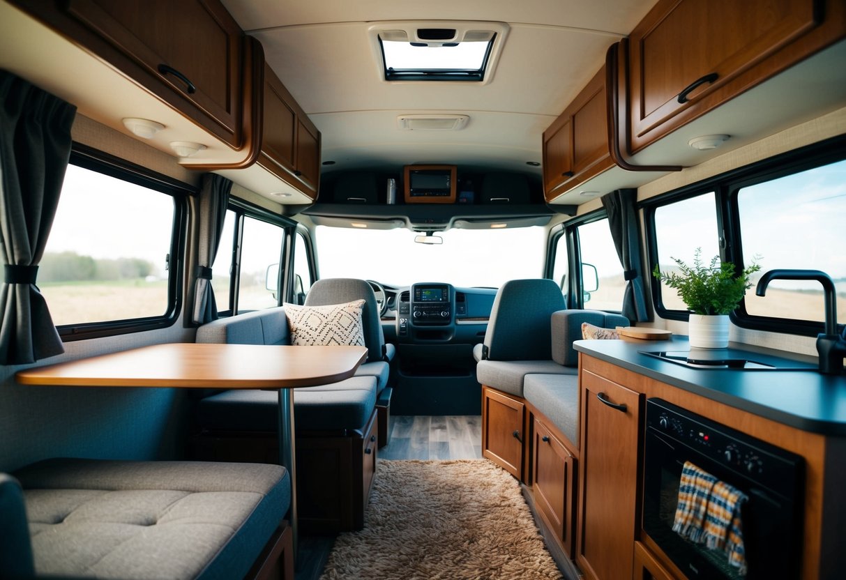 A cozy RV interior with clever space-saving hacks such as foldable furniture, wall-mounted storage, and multi-purpose appliances