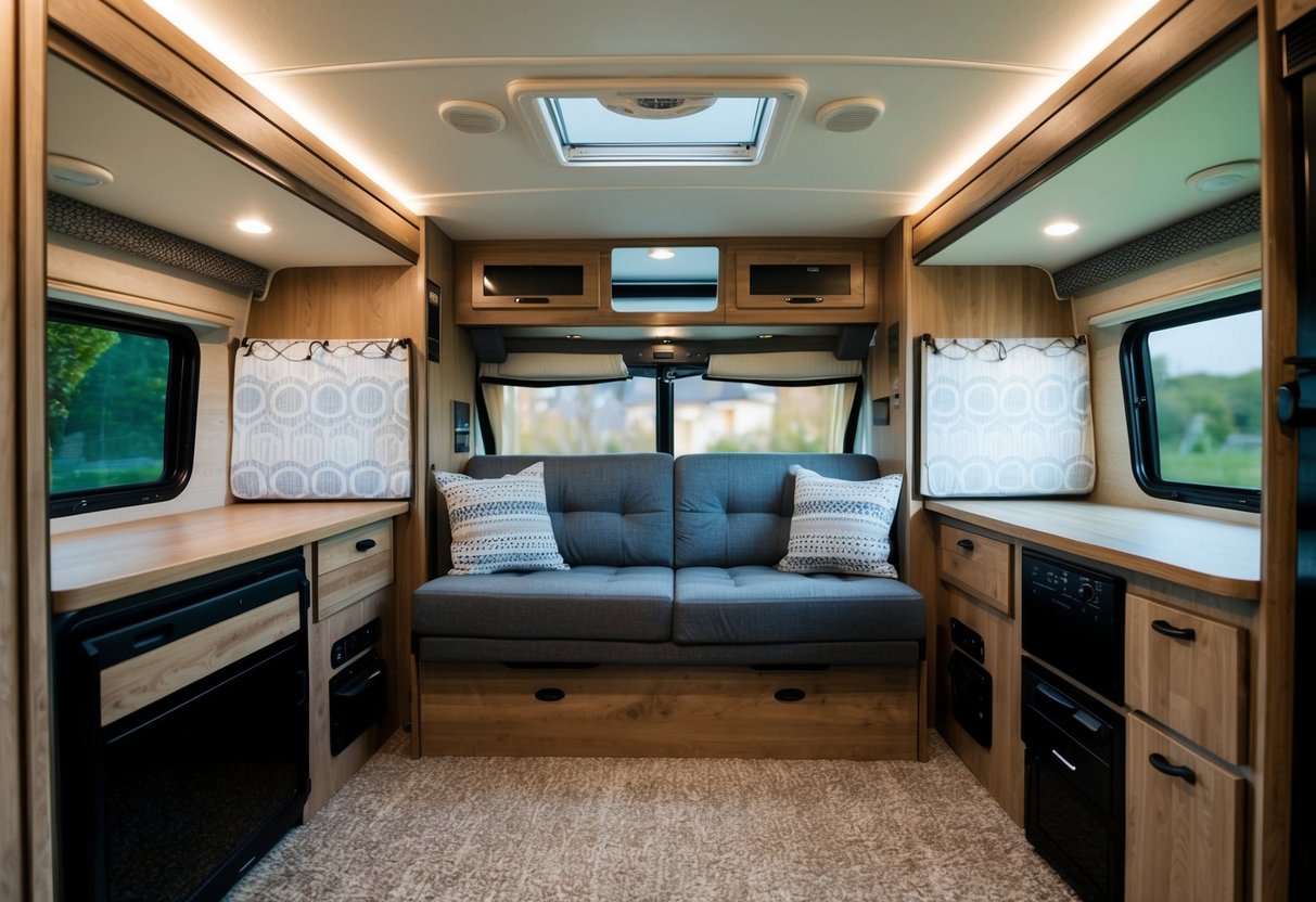 A cozy RV interior with a convertible sofa bed, surrounded by clever space-saving hacks like foldable tables and hanging storage organizers