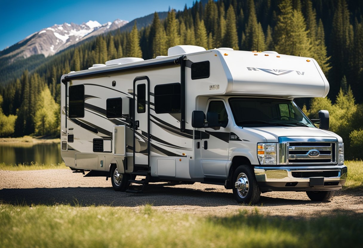 An RV parked in a spacious campsite with full hookups, surrounded by trees and mountains, under a clear blue sky