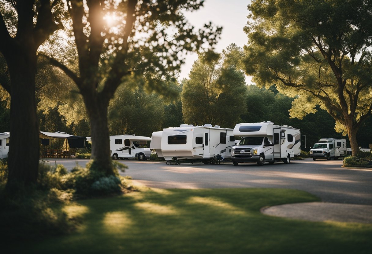 A serene RV park nestled between lush trees, with nearby grocery stores in the distance