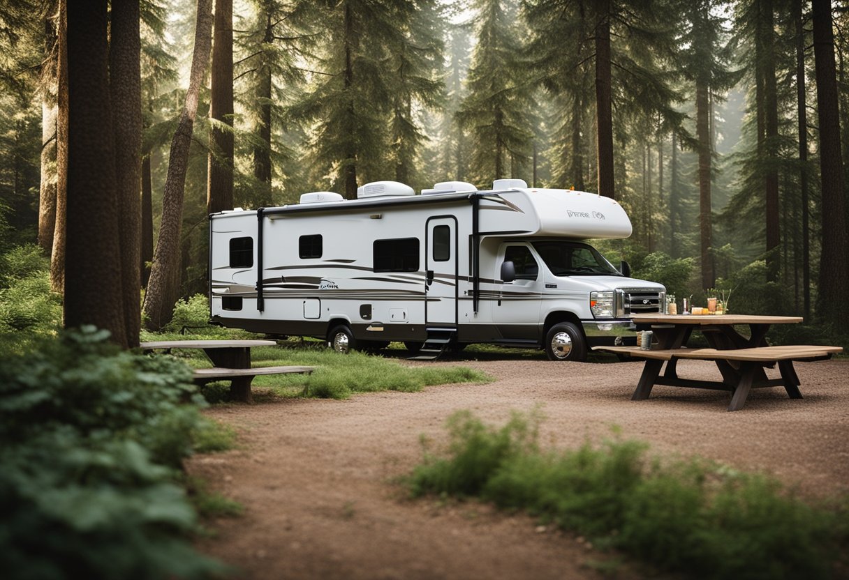 An RV parked in a scenic long-term spot with a picnic table, fire pit, and lush greenery, with the monthly rent cost displayed on a sign