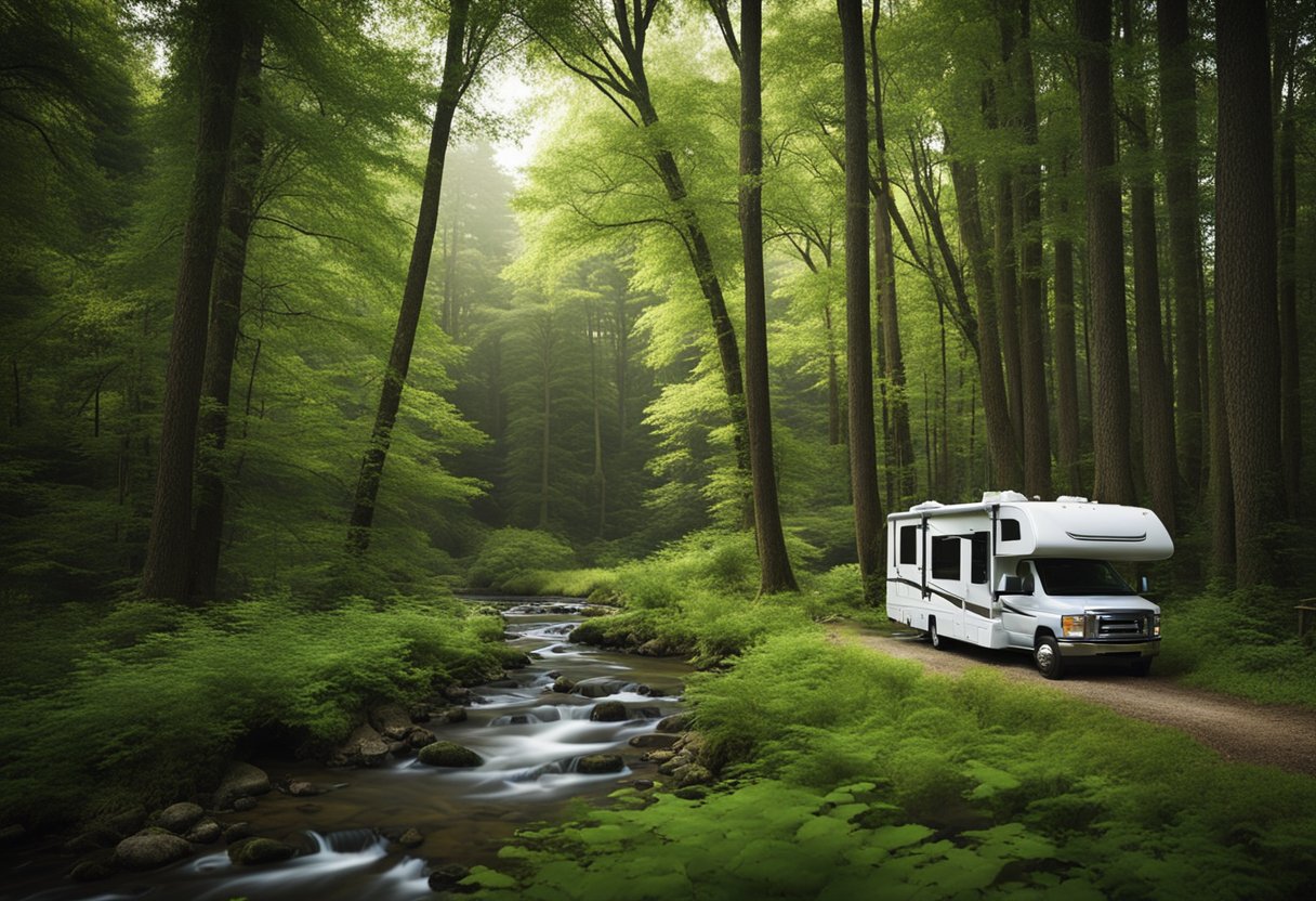 An RV parked in a lush forest clearing, surrounded by winding nature trails and a babbling stream