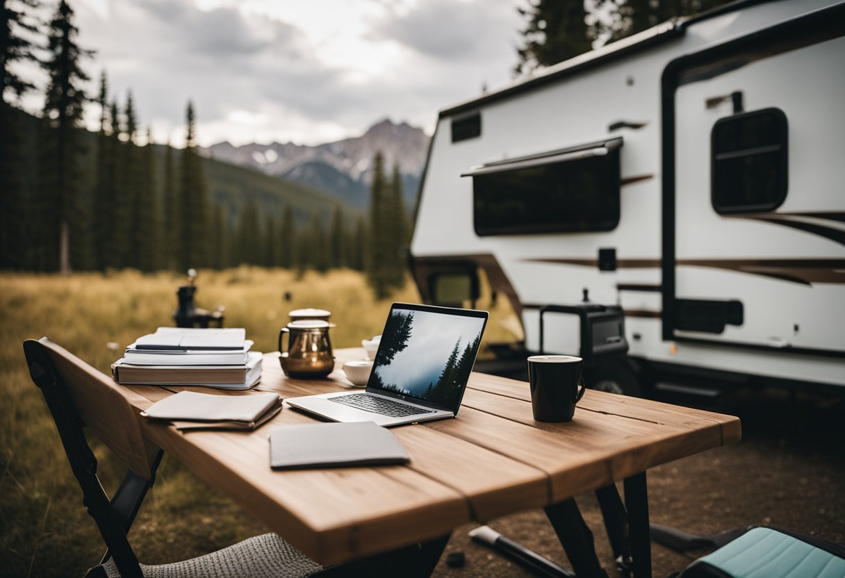 A cozy RV parked in a scenic campground, with a laptop and financial documents spread out on a table. A person is seen working remotely while enjoying the beautiful outdoor surroundings