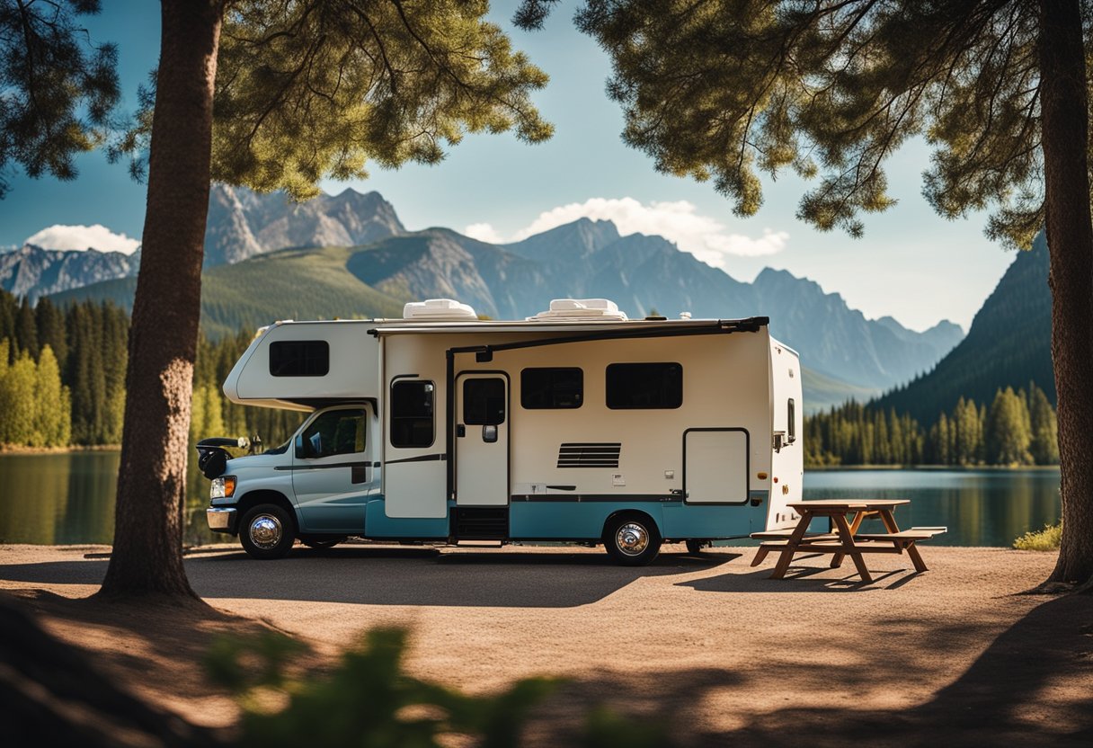 An RV parked in a scenic spot with mountains in the background, surrounded by trees and a nearby lake, with a picnic table and fire pit nearby