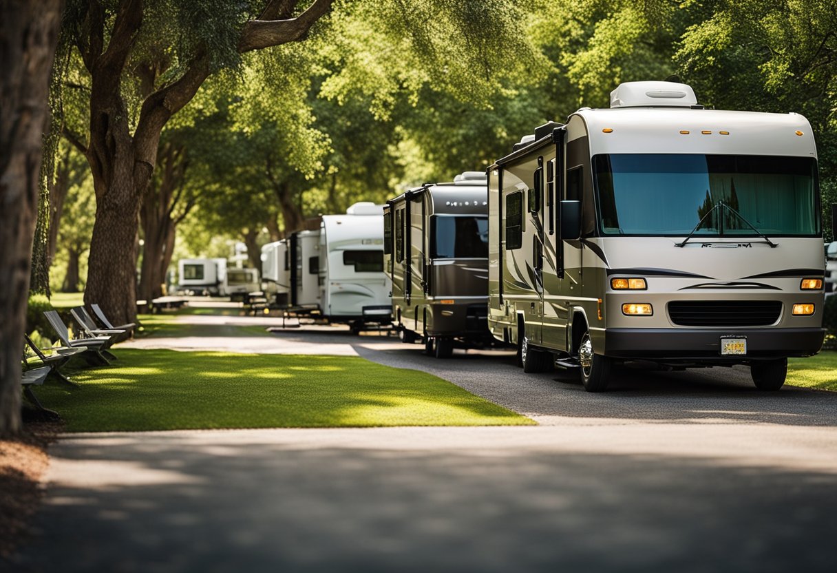 A serene RV park with lush greenery, a row of laundry facilities, and spacious, level RV spots with full hookups for long-term stays