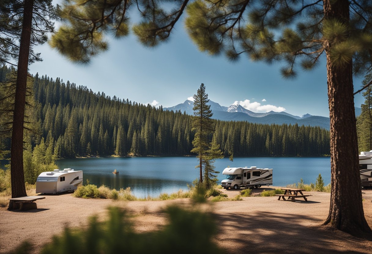 A serene lakeside campground with spacious RV pads nestled among tall pine trees, offering panoramic views and easy access to hiking trails and recreational facilities