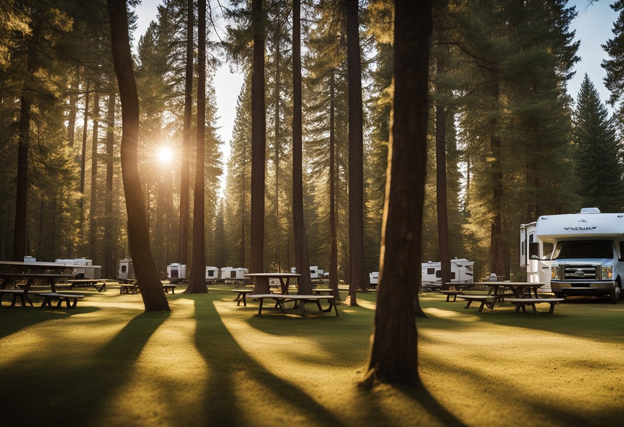 A serene campground with tall trees casting dappled shadows on spacious RV lots, each with a picnic table and fire pit, nestled in a picturesque natural setting