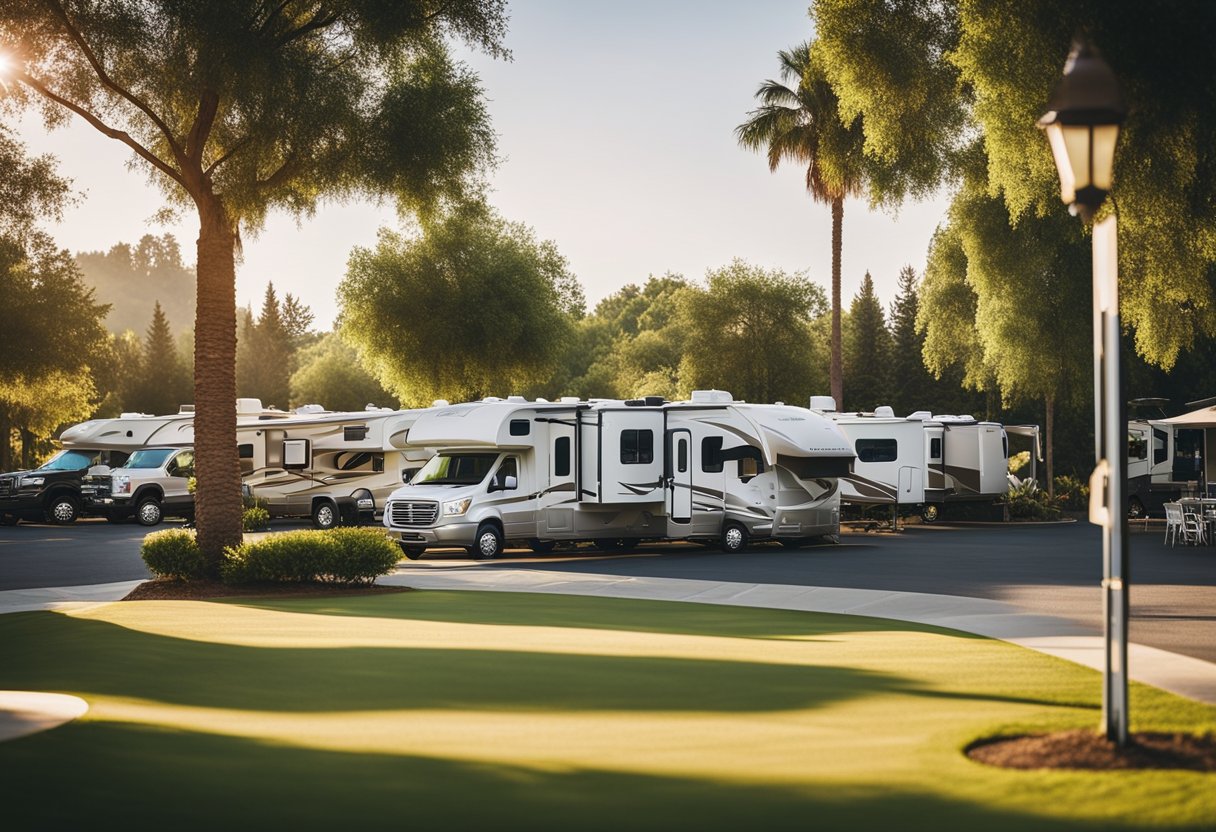 A serene RV park with lush landscaping, spacious lots, and various amenities like a swimming pool, clubhouse, and laundry facilities