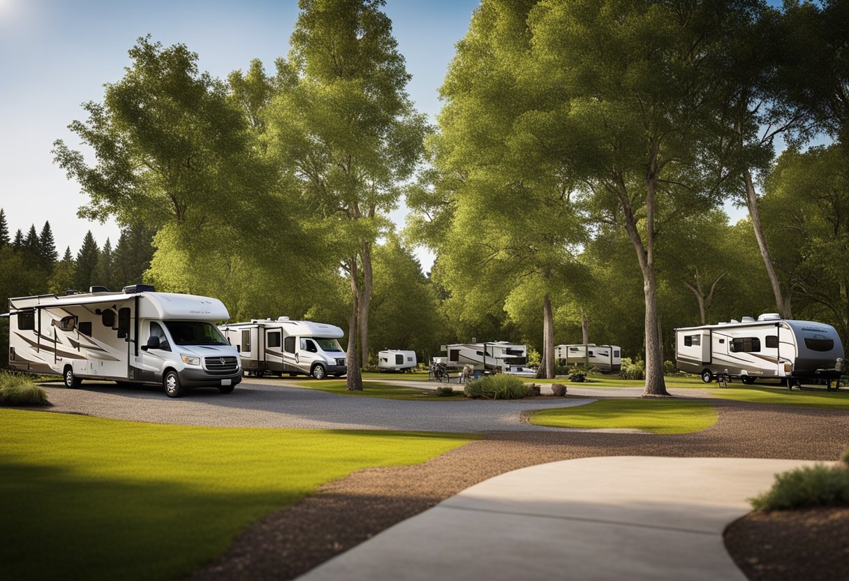 A serene RV park with designated pet-friendly areas, surrounded by lush trees and a calm lake, with spacious and level parking spots for long-term stays