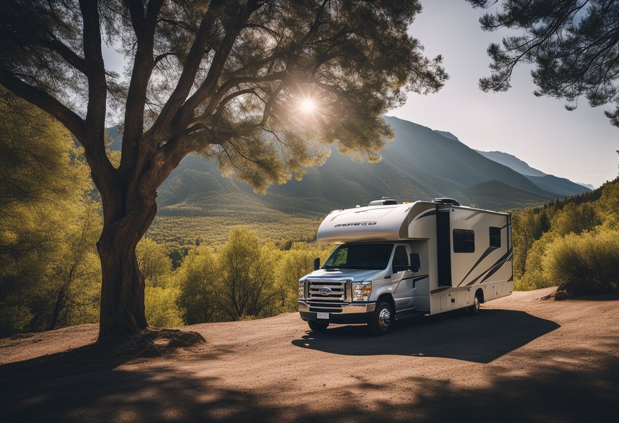 An RV parked in a scenic location, surrounded by trees and mountains, with a clear view of the sky for Wi-Fi access