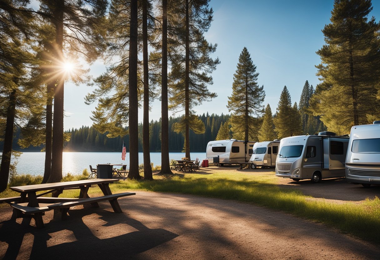 A serene lakeside campground with RVs nestled among tall trees, a fire pit, and picnic tables, with a clear blue sky overhead