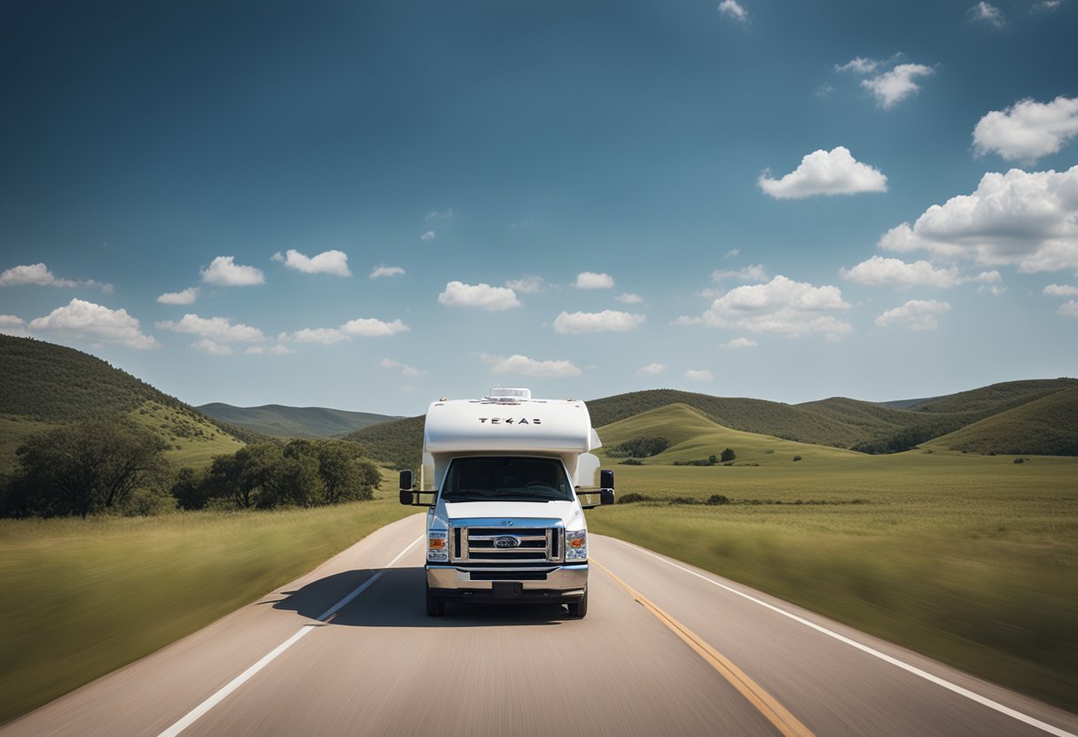 An RV driving through the Texas countryside, with a GPS app displayed on the dashboard, surrounded by rolling hills and blue skies