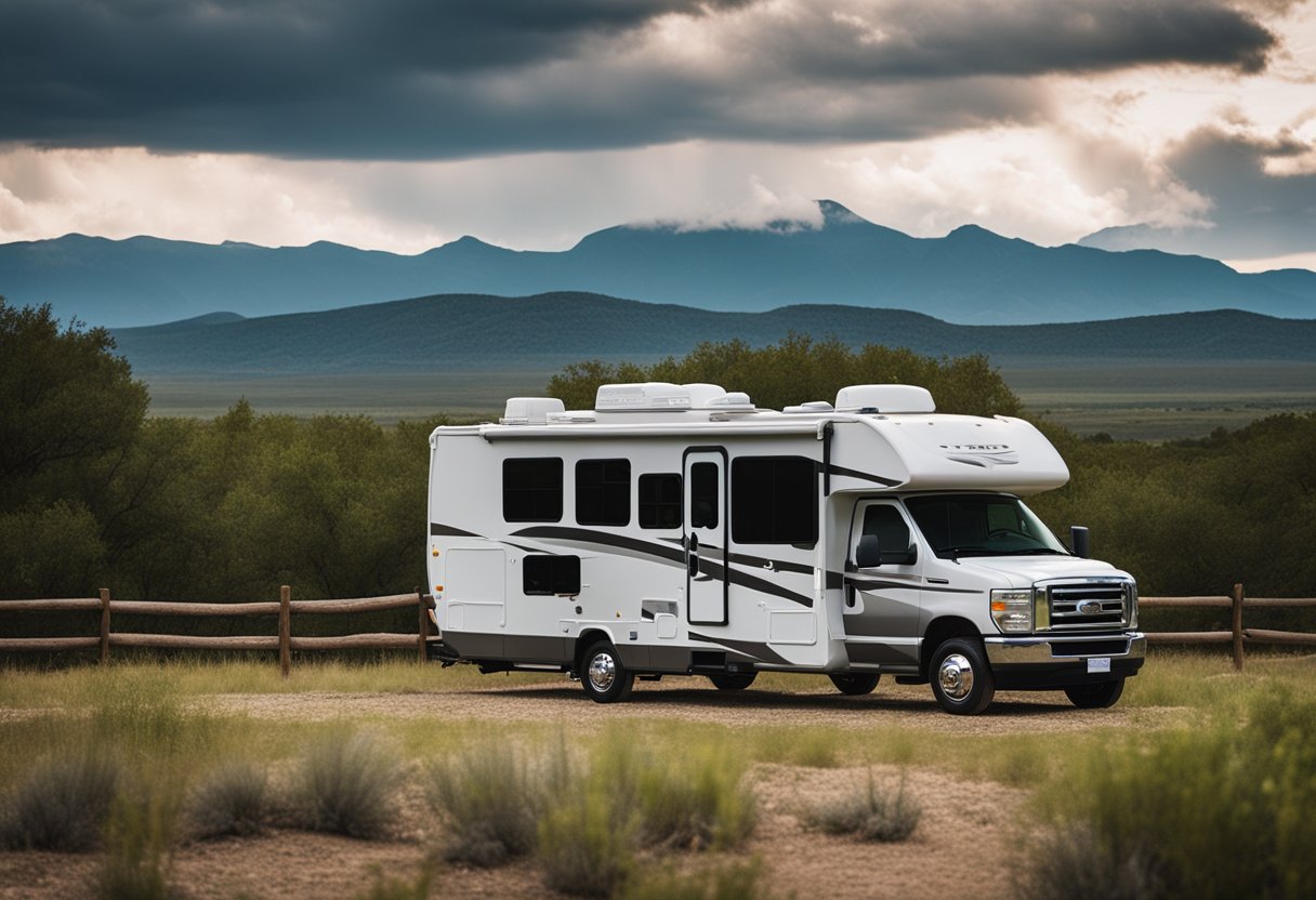 An RV parked in a scenic Texas landscape with changing weather and various outdoor activities nearby