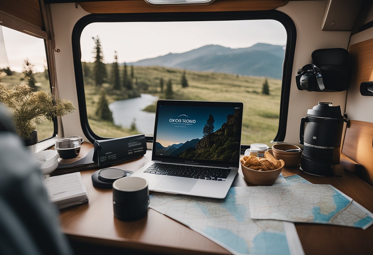 A person's laptop and work materials spread out on a table inside a cozy RV, surrounded by travel maps, hiking gear, and a scenic view out the window