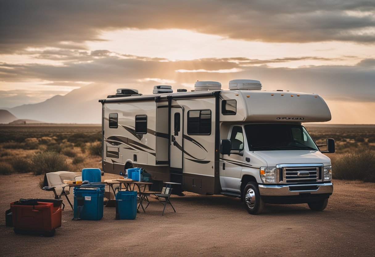 A cozy RV parked in a scenic Texas landscape, with a toolbox, water hose, and other essential tools neatly organized outside