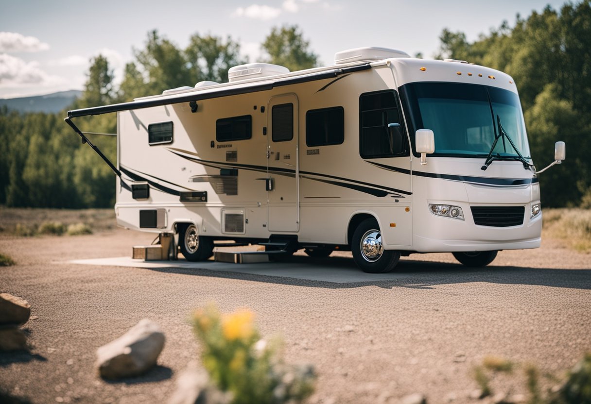 An RV parked in a spacious, well-lit campground with safety features like fire extinguishers and first aid kits readily accessible