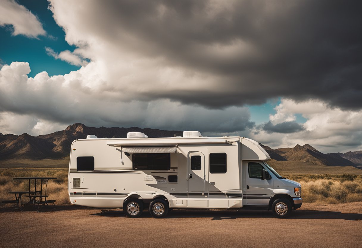 A cozy RV parked in a scenic Texas landscape, with a digital weather monitor on a nearby table. Sunshine and clouds in the sky