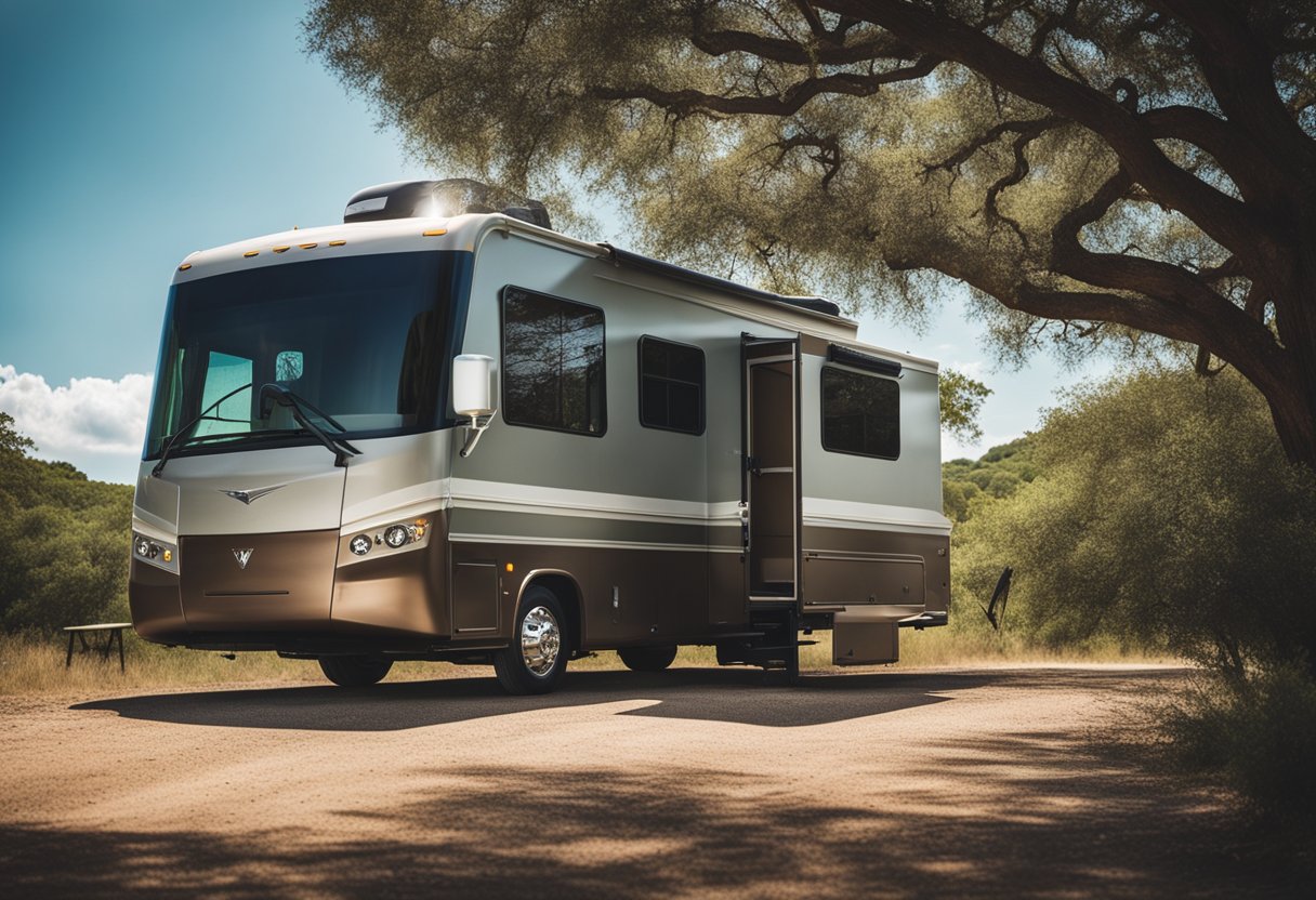 An RV parked in a scenic Texas state park, surrounded by lush greenery and wildlife, with a clear blue sky overhead