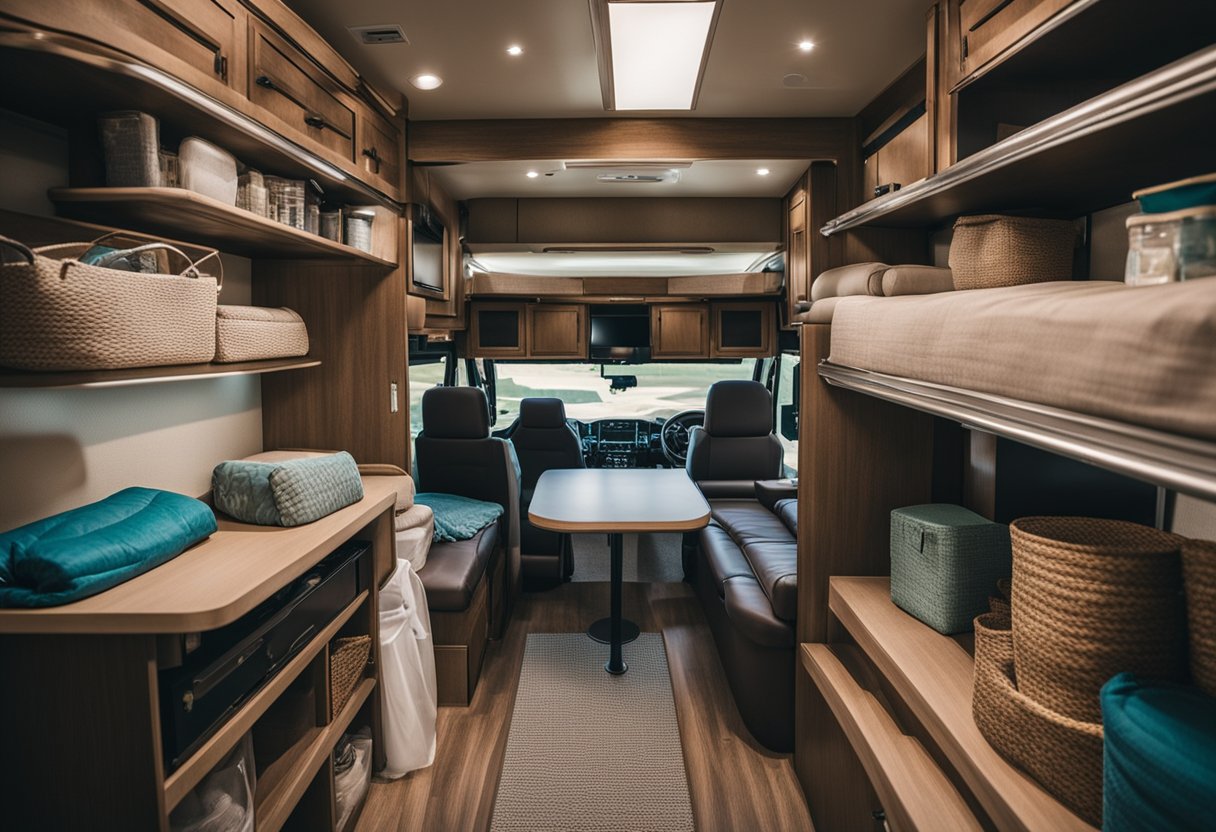 A well-stocked RV with emergency supplies neatly organized in a designated area, ready for any long-term living situation in Texas