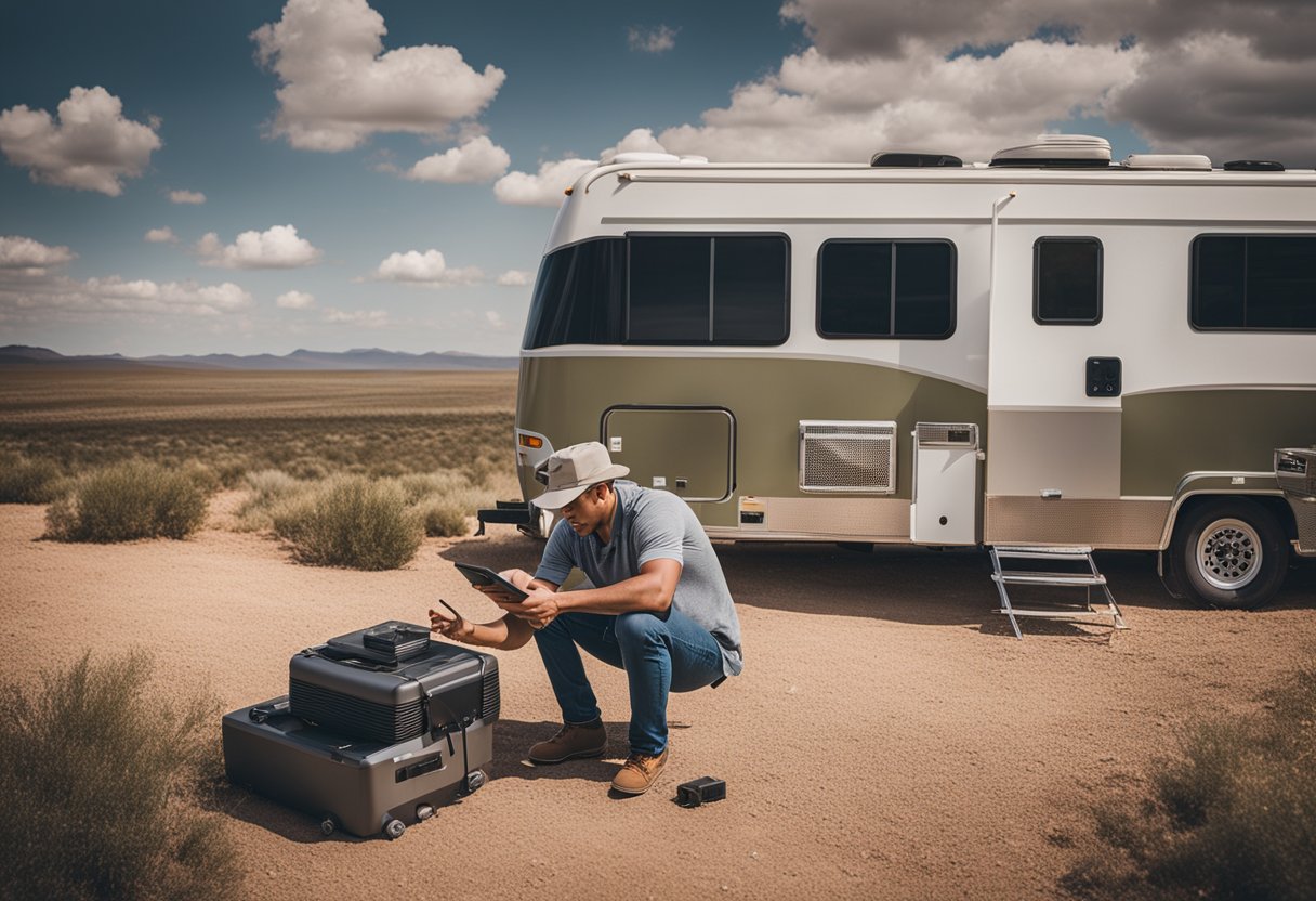 A person setting up a Wi-Fi booster in an RV surrounded by the Texas landscape