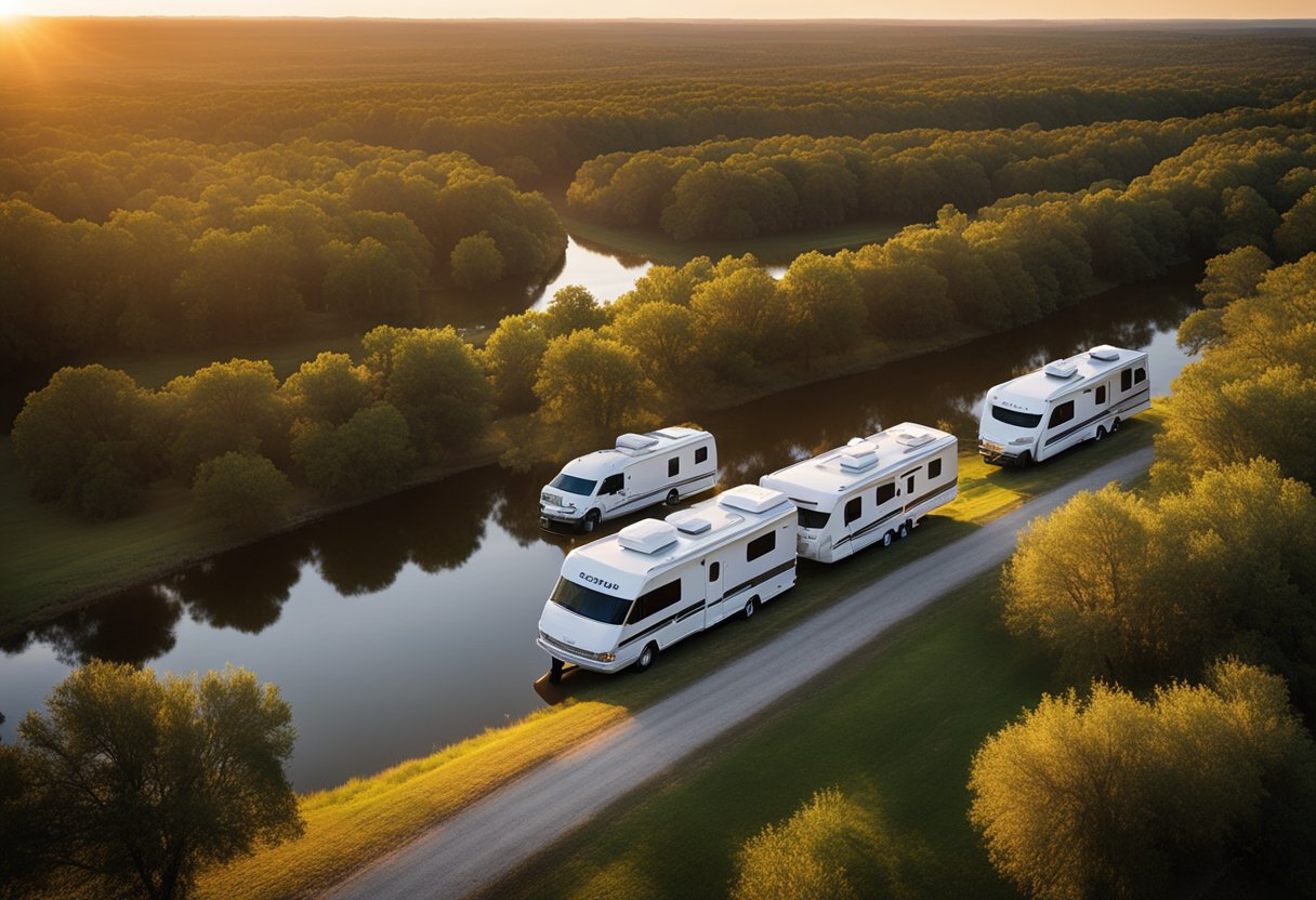 A serene Texas landscape with a row of RVs nestled among tall trees and a winding river, with a warm sunset casting a golden glow over the scene