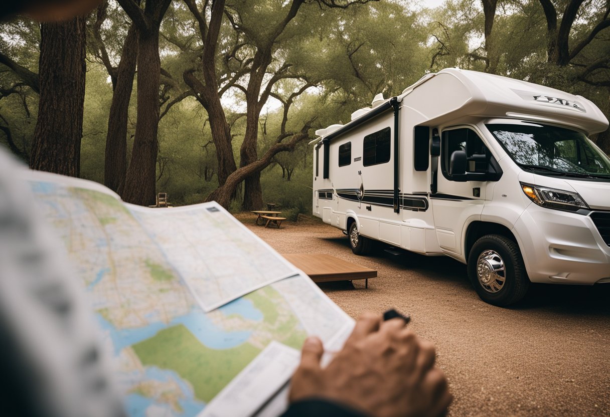 An RV parked in a scenic Texas campground, with a map spread out on a table and a person planning their route