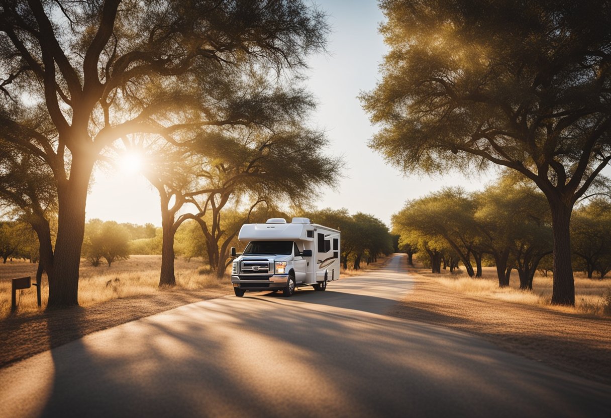 A sunny Texas landscape with a recreational vehicle equipped with high-quality solar panels