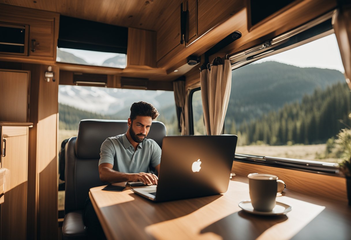 A person working on a laptop inside a cozy RV, surrounded by nature and scenic views. The RV is parked in a peaceful and remote location, with a warm and inviting atmosphere