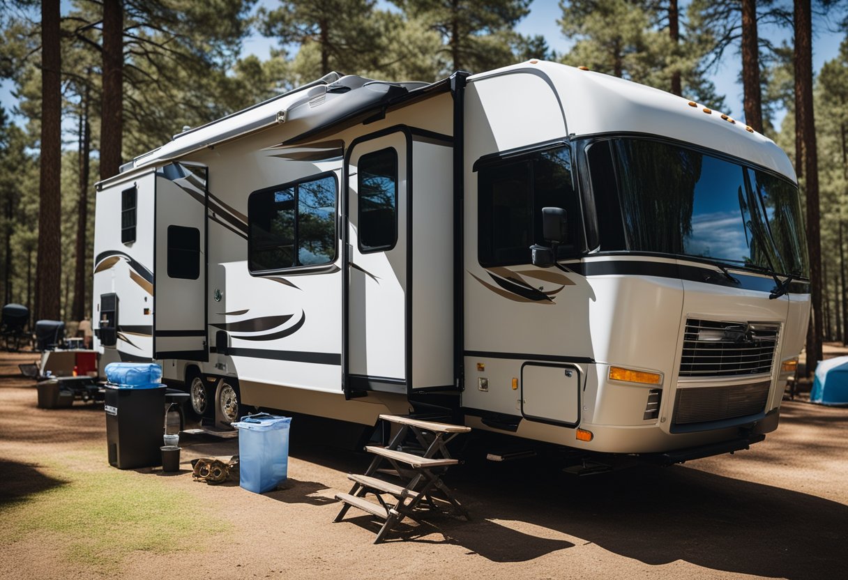 An RV parked in a Texas campground, surrounded by tall pine trees and a clear blue sky. A toolbox and maintenance supplies are scattered nearby