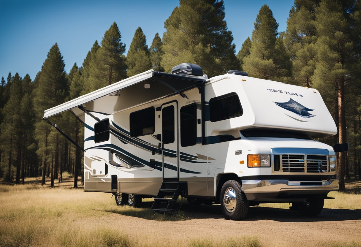 An RV parked in a scenic Texas campground, surrounded by rolling hills and tall pine trees, with a clear blue sky overhead