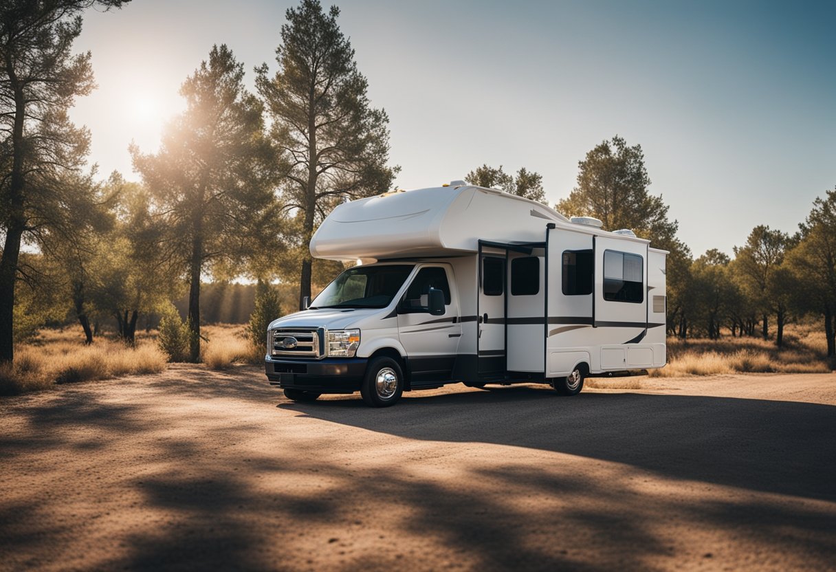 An RV parked in a spacious Texas campground, with collapsible storage containers neatly organized outside, surrounded by trees and a clear blue sky