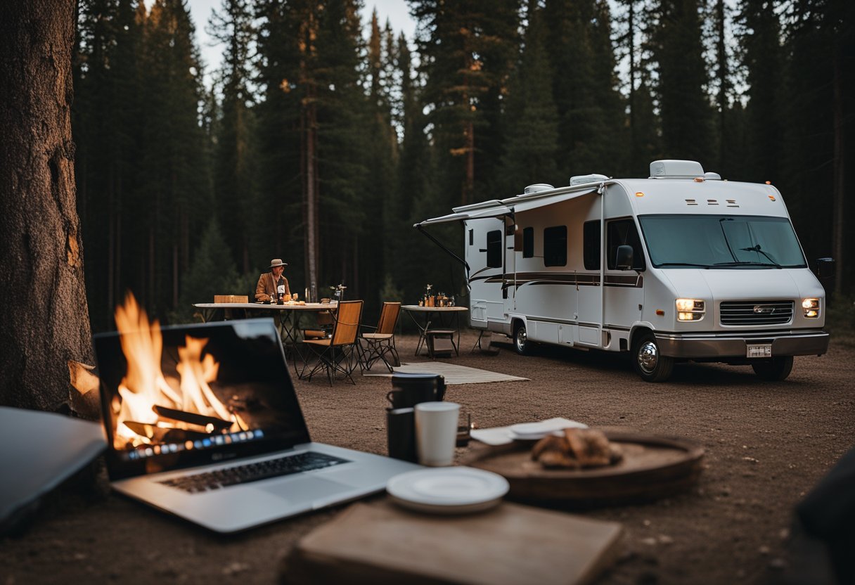 A cozy RV parked in a scenic location, with a laptop and work materials set up inside. A nearby campfire and group of fellow RVers chatting and networking