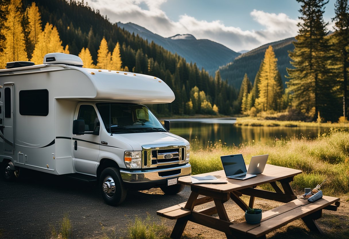 A cozy RV parked in a scenic location, with a laptop and work materials set up on a table. A beautiful natural landscape surrounds the vehicle, creating a peaceful and productive remote work environment