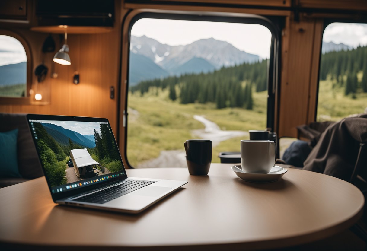 A person working on a laptop inside a cozy RV, surrounded by nature with a hiking trail in the background