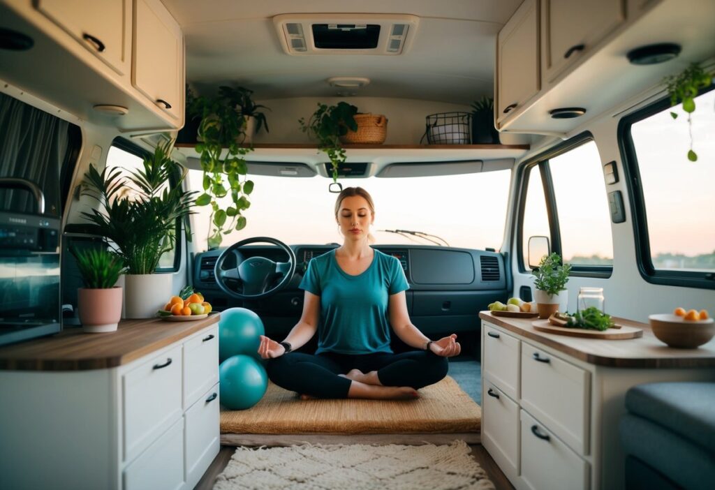 Doing yoga and stretching exercises inside the RV to stay active