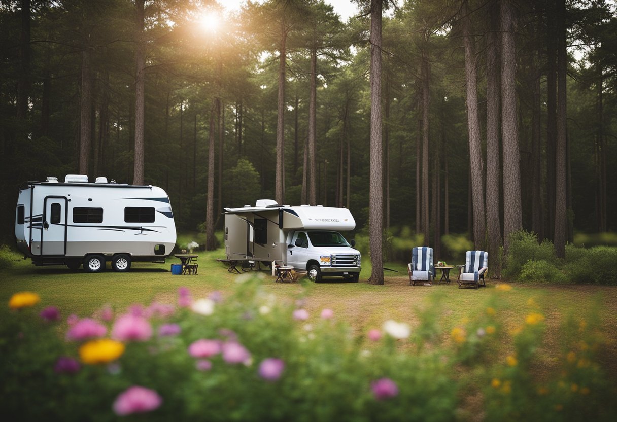 A serene lakeside campground in East Texas, surrounded by lush pine trees and colorful wildflowers, with RVs nestled among the natural beauty