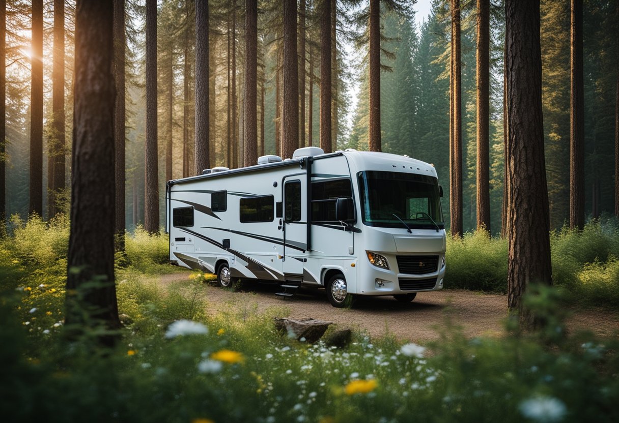 An RV parked under towering pine trees with a calm lake in the background, surrounded by lush greenery and colorful wildflowers