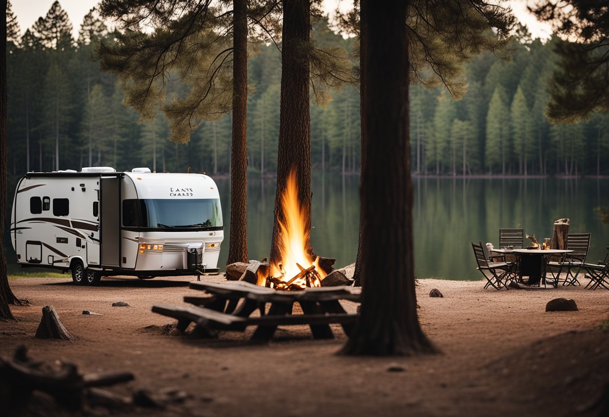 A peaceful lakeside campsite nestled among towering pine trees, with a cozy RV and a crackling campfire, showcasing the beauty of East Texas for full-time RV living